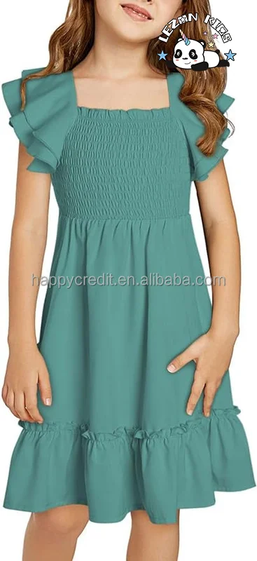 LEZONKIDS - Summer Customize Tween Girls Elegant Ruffle Sleeve Dresses smocked solid color dress for 2-14 Years